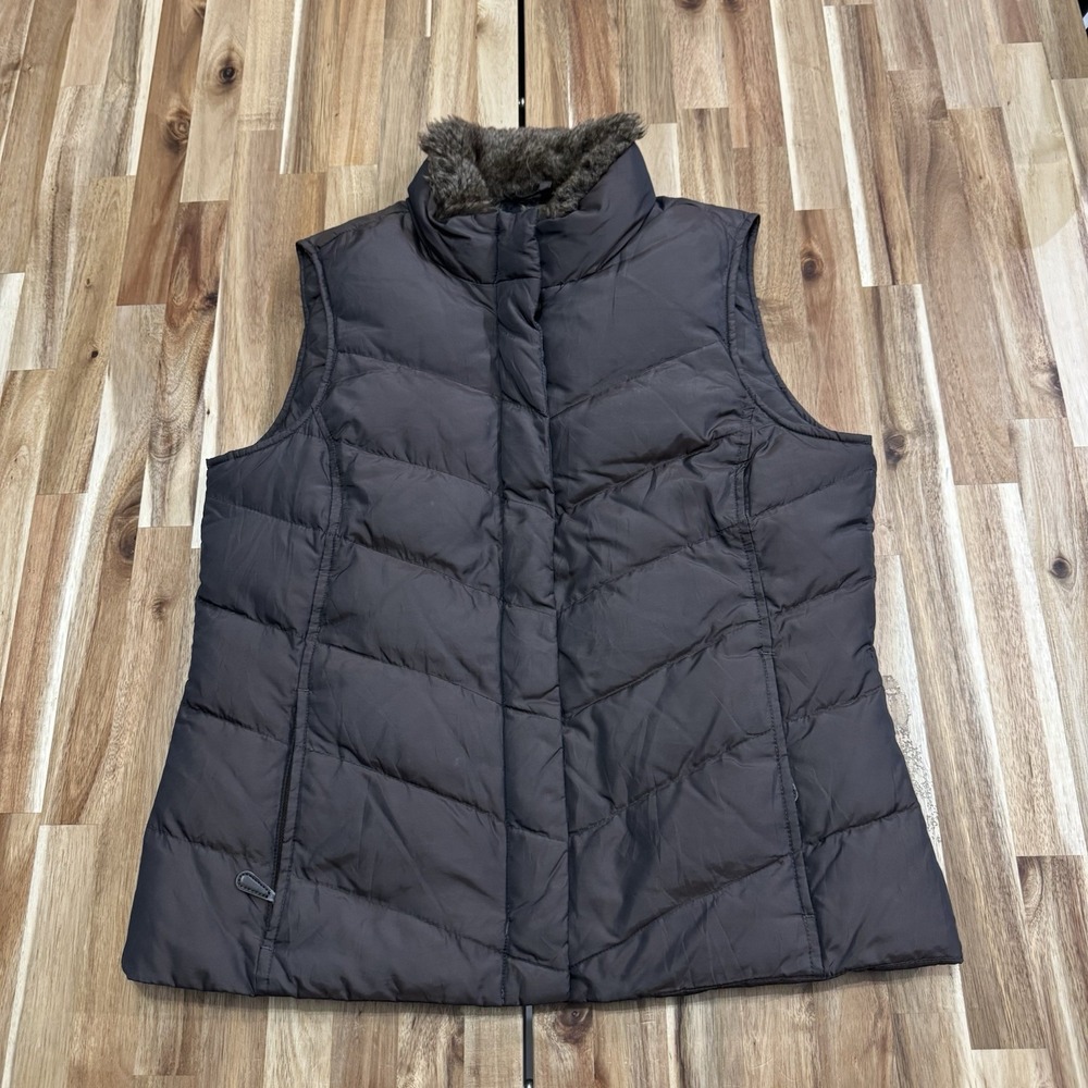 Eddie‎ Bauer Quilted Vest Womens M Brown Goose Down Faux Fur Hood Full Zip